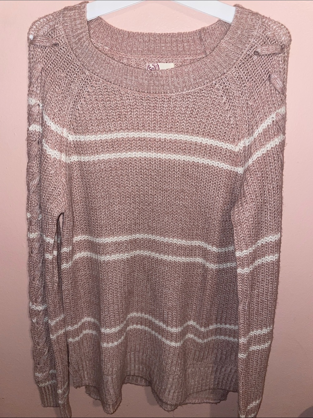 Dusty Pink and White Striped Knitted Crewneck Sweater